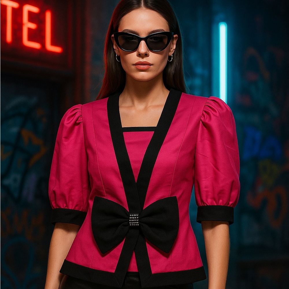 80s VTG Pink and Black color block Blouse